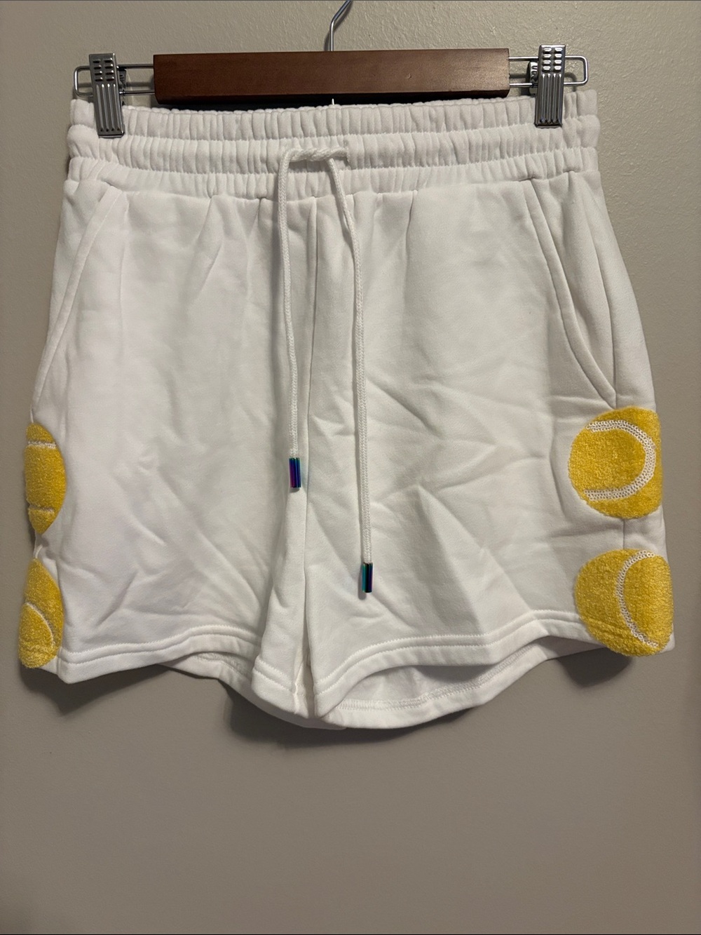 QUEEN OF SPARKLES White Athletic Shorts with Yellow Tennis Ball Accents NWOTs